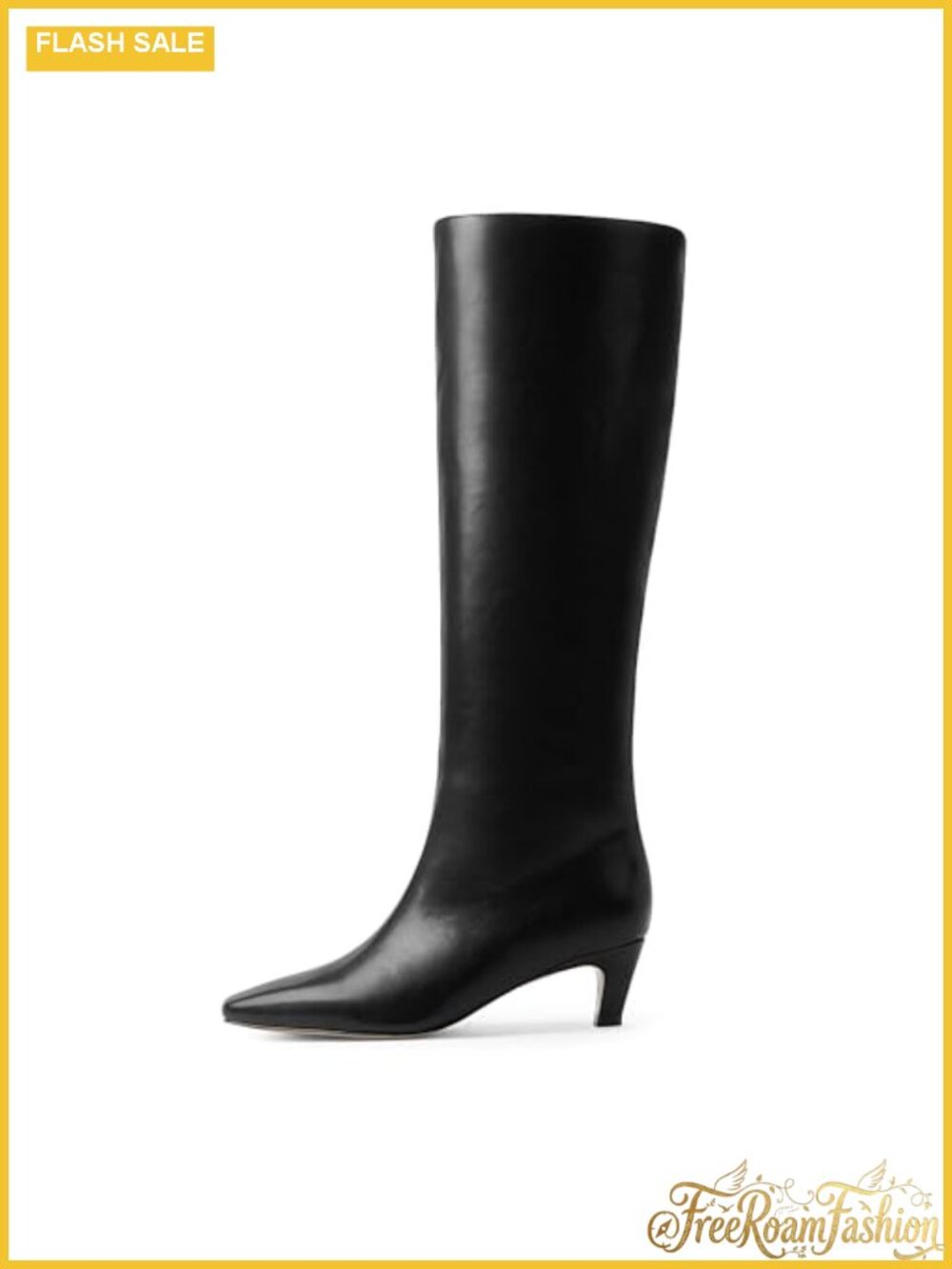 Kitten Heel Knee High Boots Square Toe Tall Faux Leather
